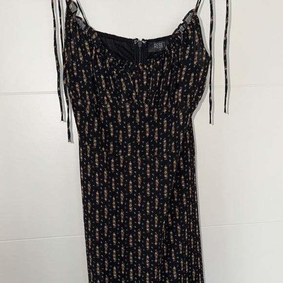 Black Floral Midi Dress with Adjustable Tie Straps - Picture 2 of 5